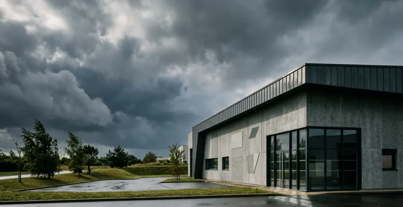Bâtiment professionnel moderne confronté aux éléments climatiques en France