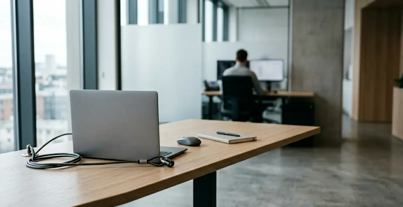 Ordinateur portable professionnel sécurisé dans un environnement de bureau moderne
