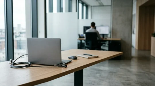 Ordinateur portable professionnel sécurisé dans un environnement de bureau moderne