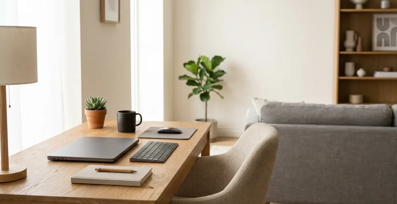 Espace de travail à domicile moderne avec équipement professionnel et documentation d'assurance