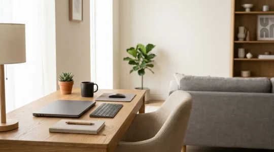 Espace de travail à domicile moderne avec équipement professionnel et documentation d'assurance