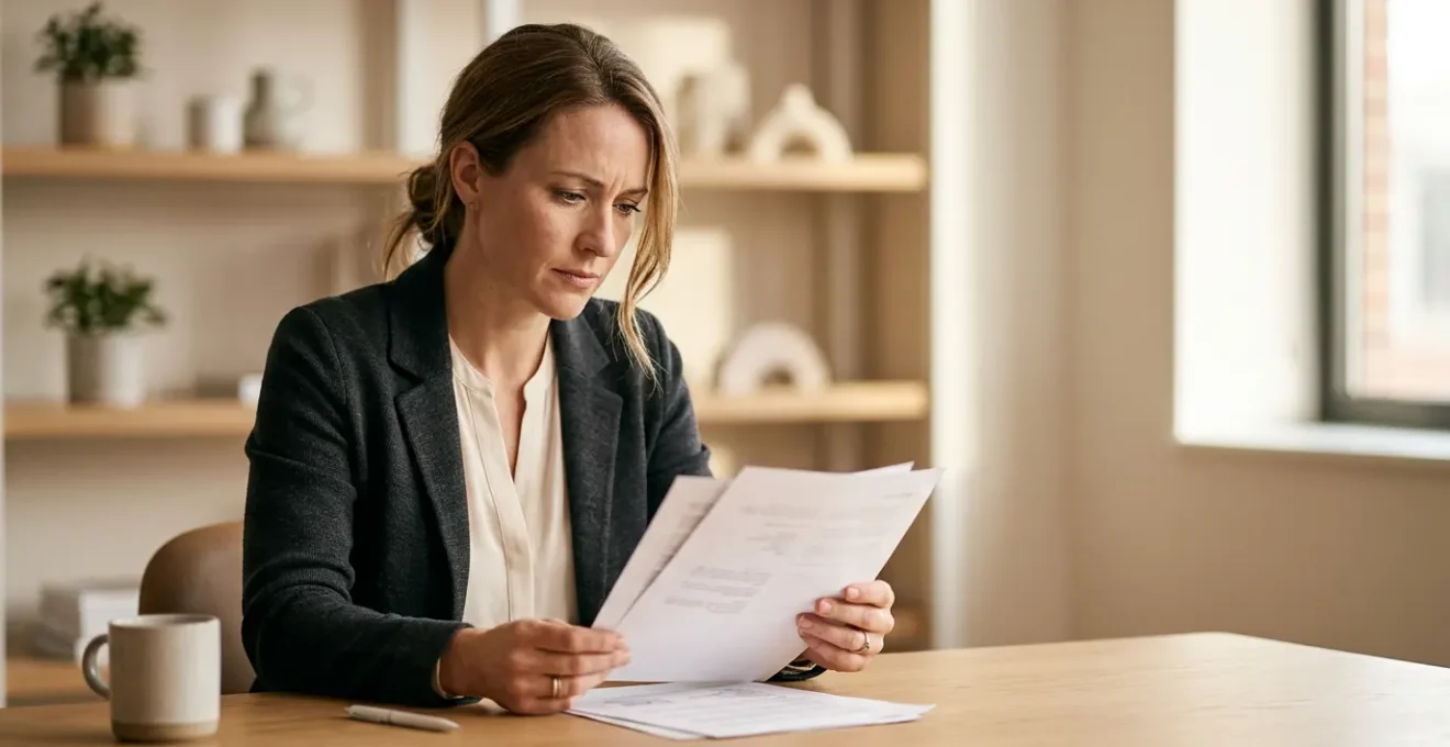 Entrepreneur consultant attentivement un document professionnel important pour éviter les erreurs de déclaration