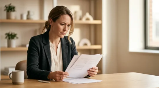 Entrepreneur consultant attentivement un document professionnel important pour éviter les erreurs de déclaration