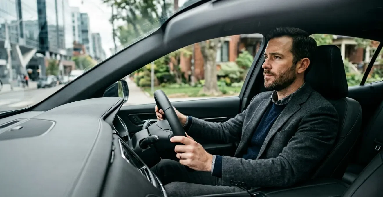Chef d'entreprise au volant d'une voiture de direction utilisée à la fois pour des déplacements professionnels et personnels