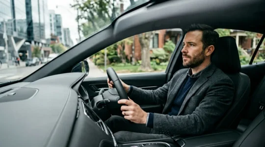 Chef d'entreprise au volant d'une voiture de direction utilisée à la fois pour des déplacements professionnels et personnels