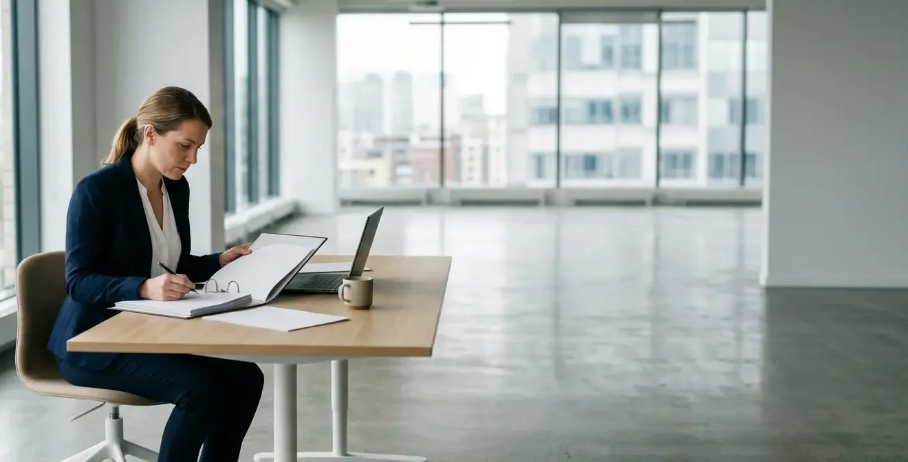 Responsable sécurité examinant un document de prévention des risques professionnels dans un environnement de travail moderne