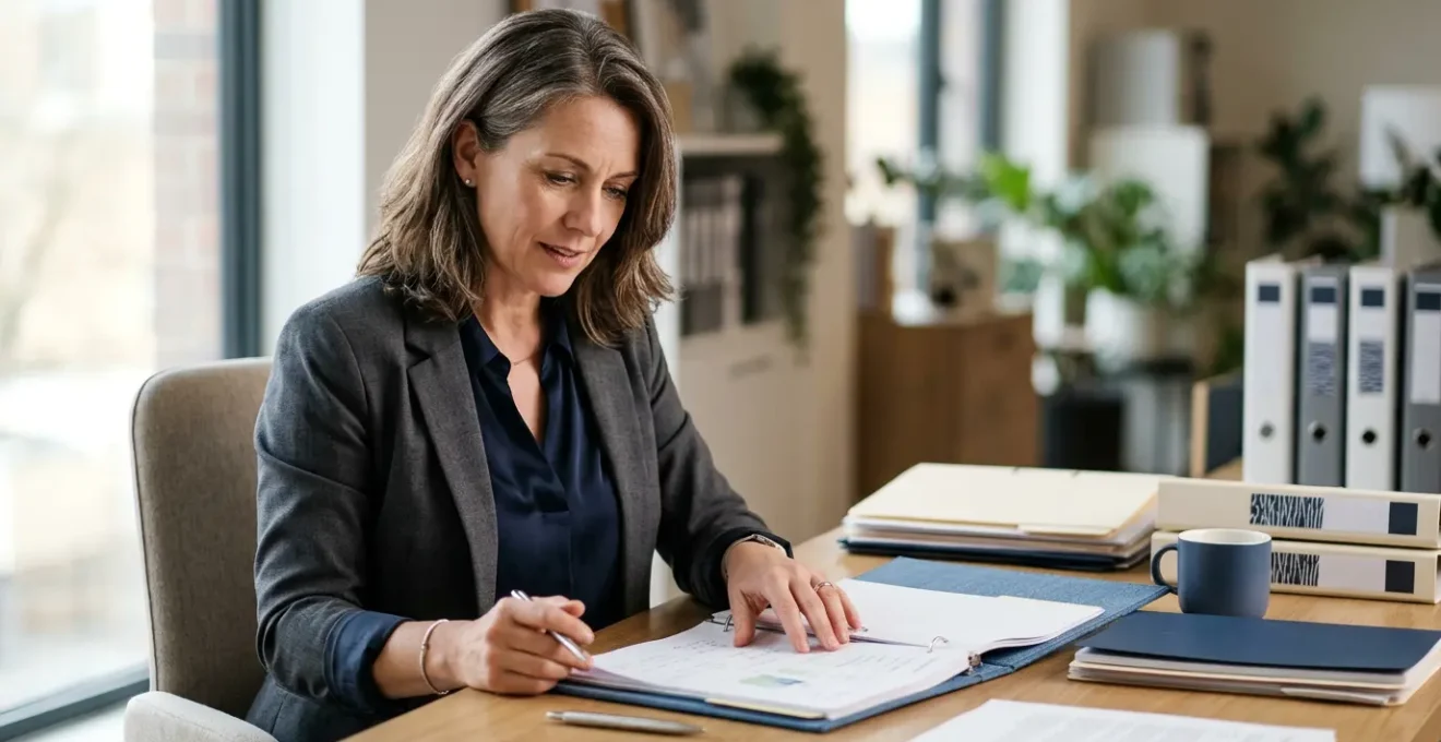 Professionnel des ressources humaines examinant des documents de conformité dans un bureau moderne