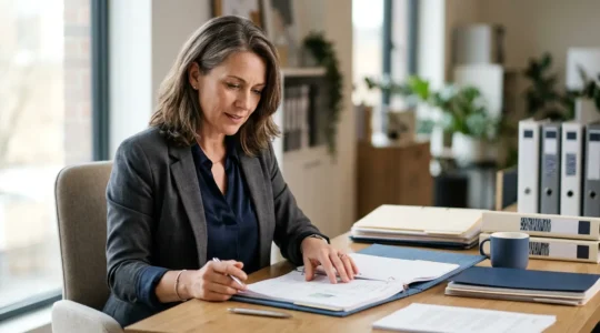 Professionnel des ressources humaines examinant des documents de conformité dans un bureau moderne