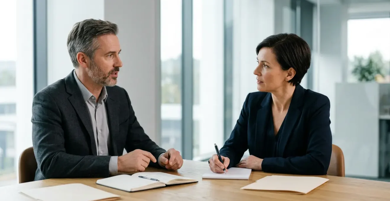 Réunion de médiation commerciale entre dirigeants d'entreprises autour d'une table de négociation