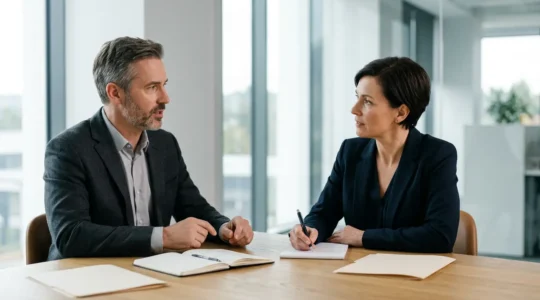Réunion de médiation commerciale entre dirigeants d'entreprises autour d'une table de négociation