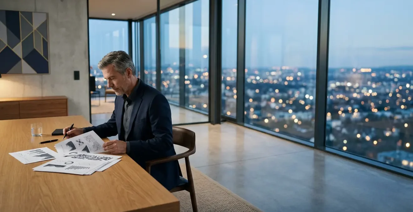 Homme d'affaires consultant des documents patrimoniaux dans un cadre professionnel épuré