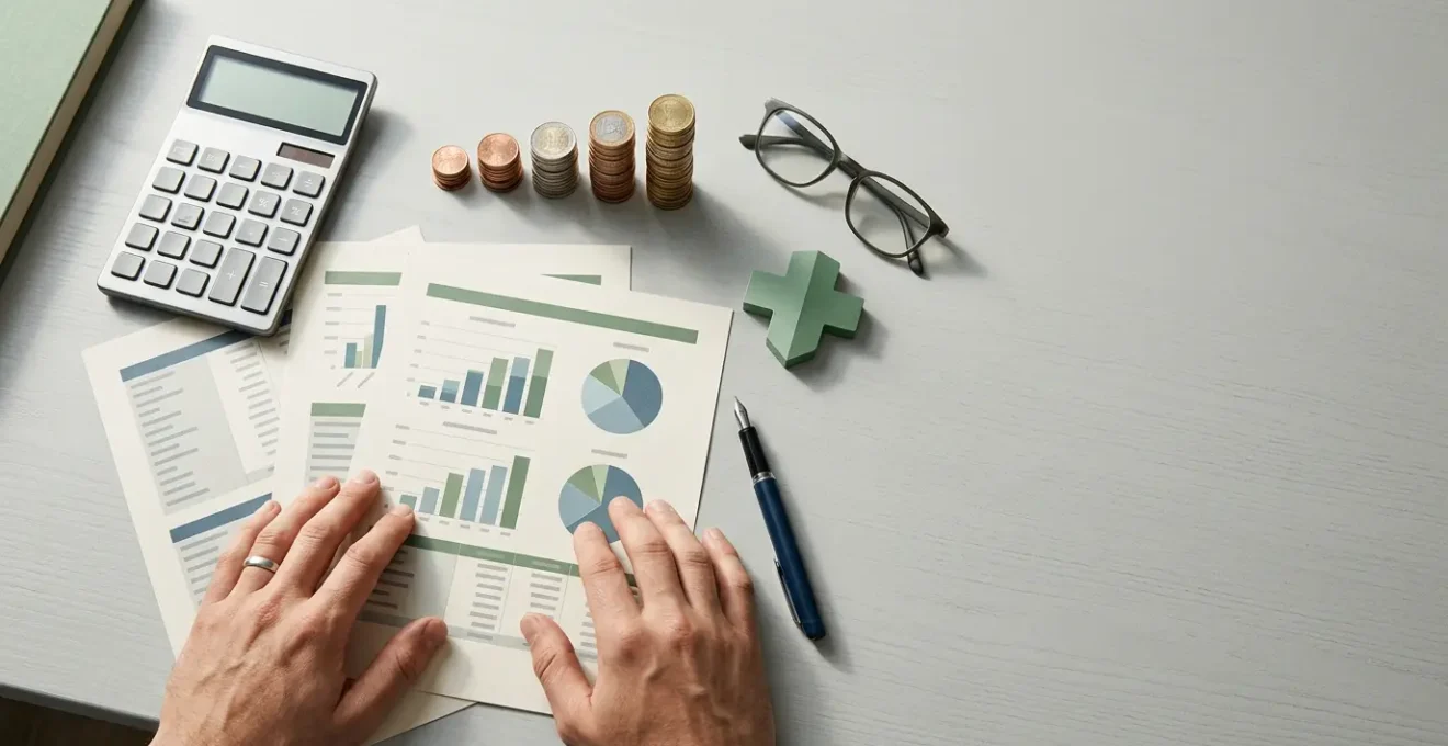 Calculatrice et documents financiers symbolisant l'optimisation des coûts en assurance santé d'entreprise