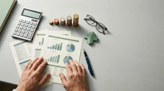 Calculatrice et documents financiers symbolisant l'optimisation des coûts en assurance santé d'entreprise