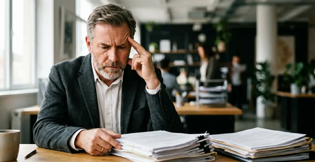 Dirigeant d'entreprise face à des documents administratifs relatifs à la conformité de la mutuelle collective obligatoire