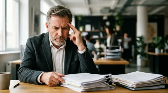 Dirigeant d'entreprise face à des documents administratifs relatifs à la conformité de la mutuelle collective obligatoire