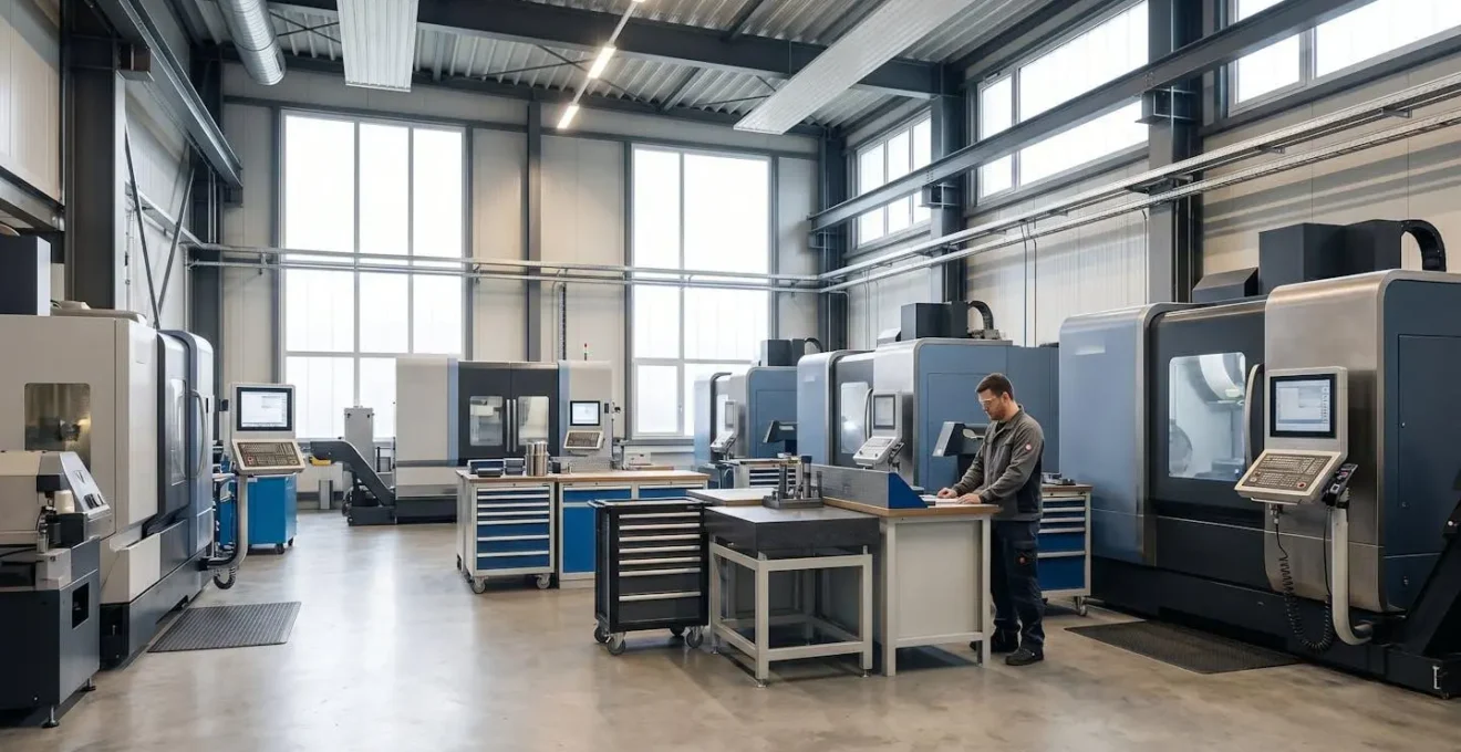 Atelier de production avec machines-outils dans environnement industriel sécurisé