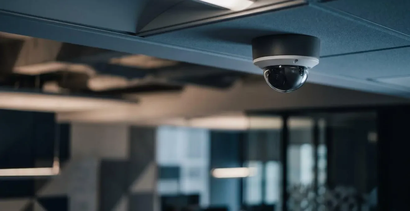 Installation de caméra de sécurité professionnelle dans un environnement de bureau avec angle de vue maîtrisé
