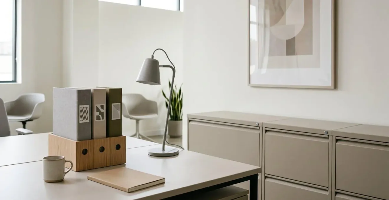 Organisation de dossiers administratifs dans un environnement de bureau professionnel et minimaliste