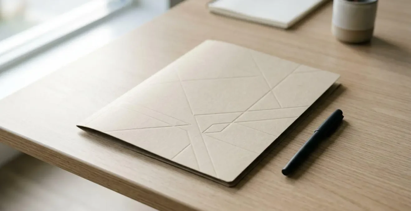 Document administratif sur un bureau avec stylo et dossier, lumière naturelle de fenêtre