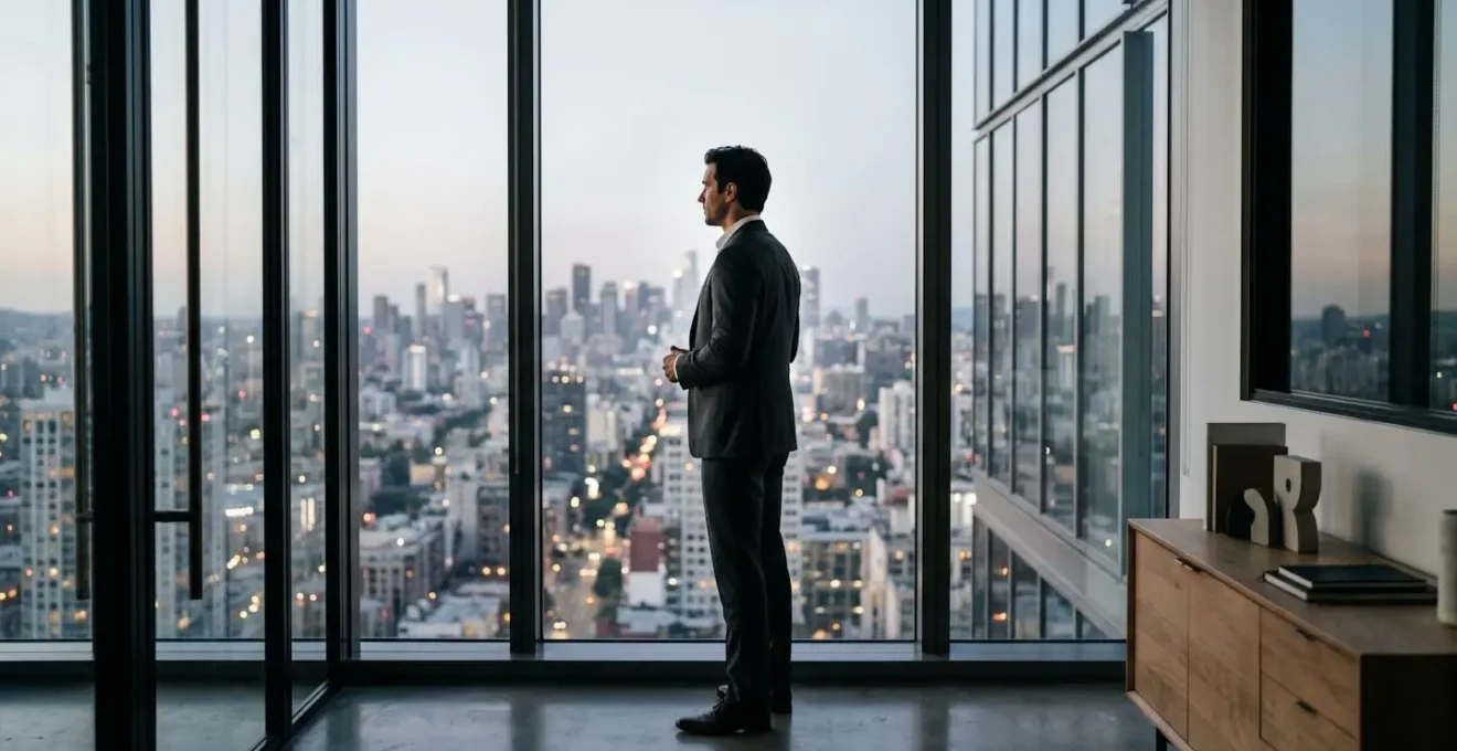 Professionnel en réflexion stratégique évaluant les risques d'une nouvelle activité