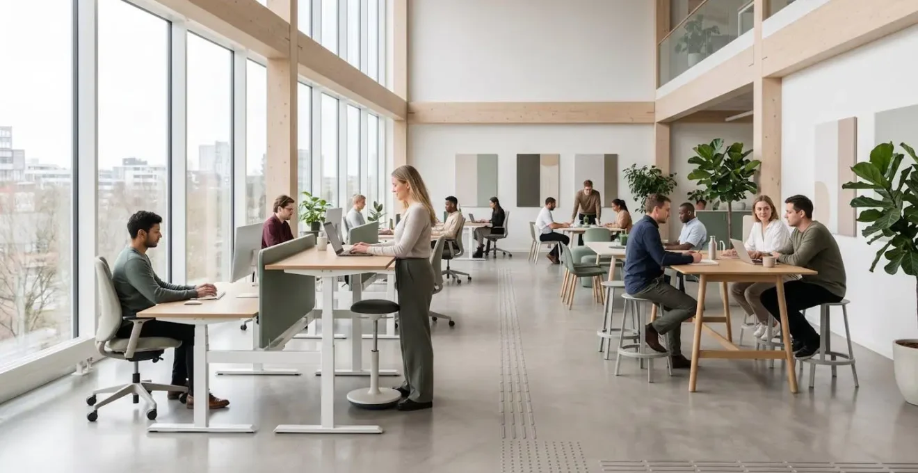 Espace de travail moderne et inclusif favorisant l'accessibilité et le bien-être de tous les collaborateurs