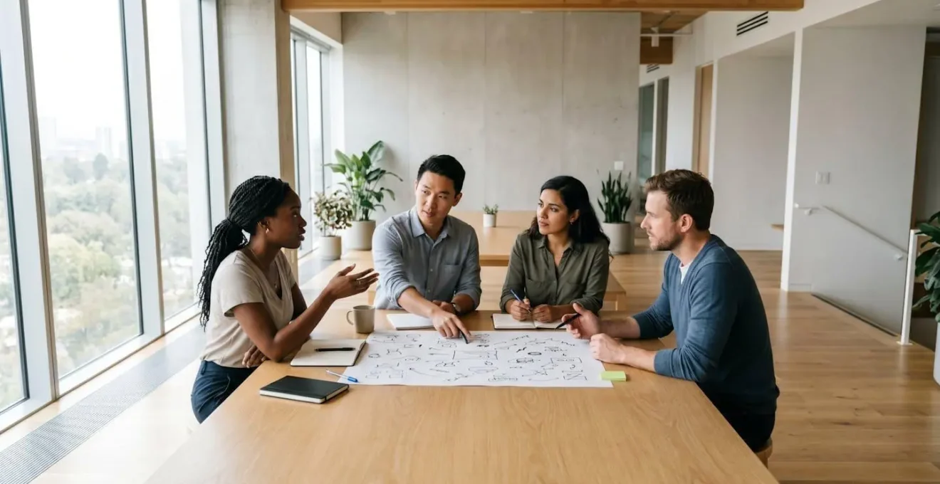 Équipe collaborative travaillant sur un projet d'innovation interne