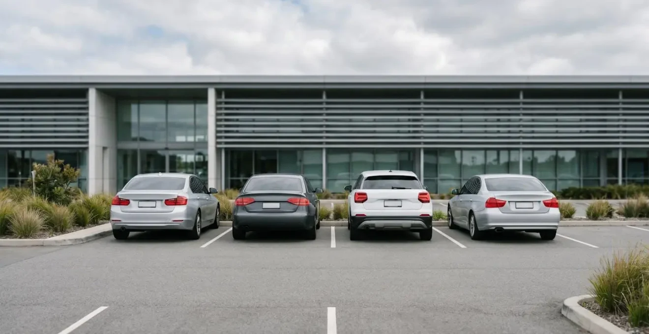 Vue minimaliste d'un parking d'entreprise avec plusieurs véhicules professionnels alignés illustrant la gestion de flotte