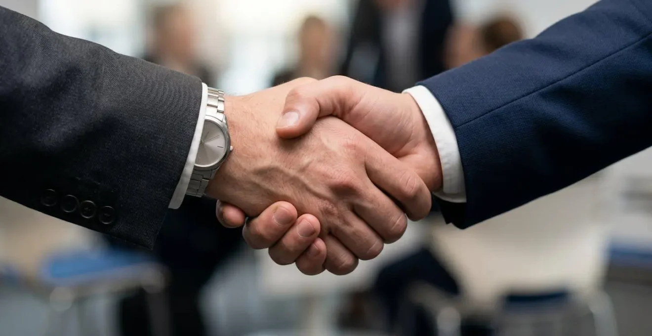 Scène de médiation professionnelle illustrant la résolution amiable de conflit entre entreprises