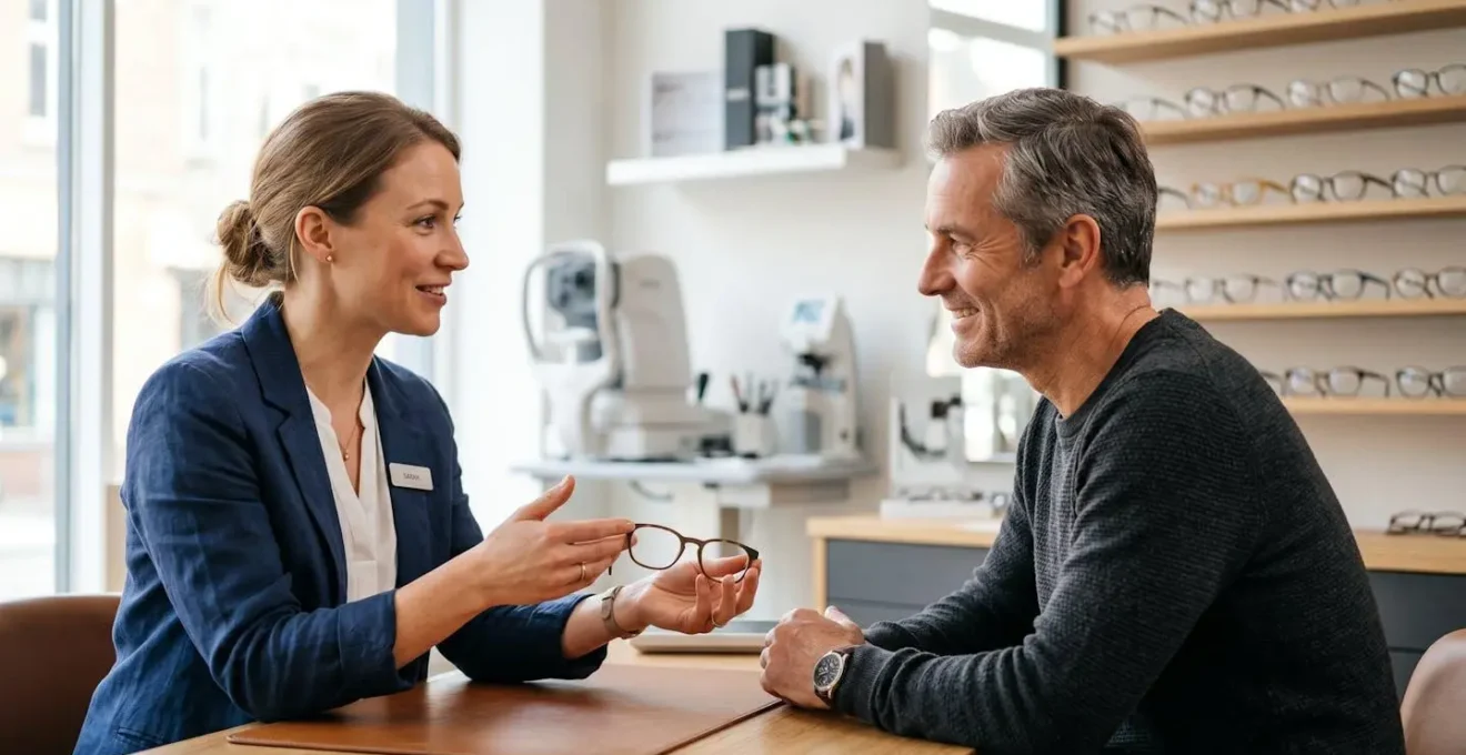 Opticien professionnel présentant des options d'équipements optiques à un client en boutique